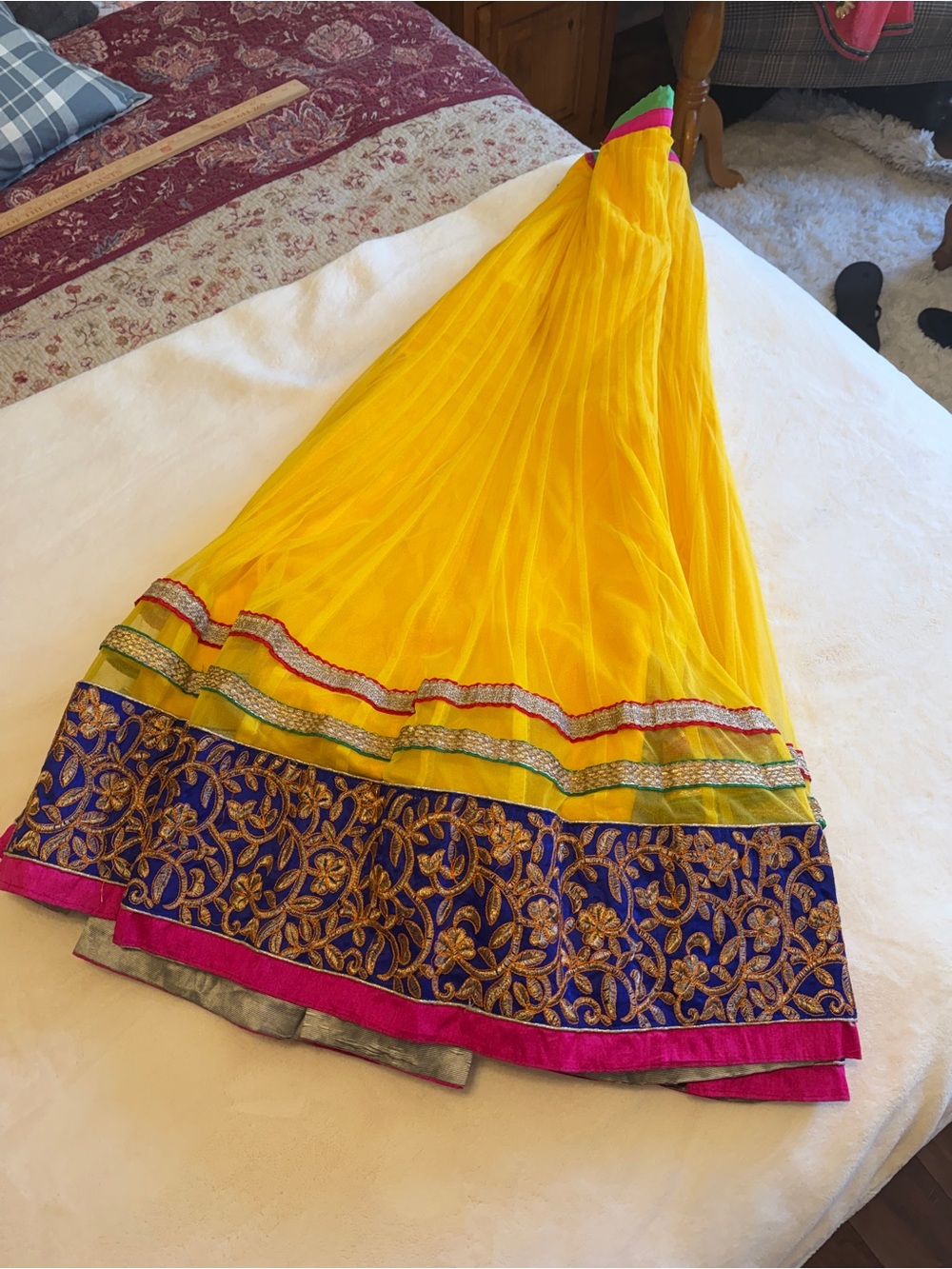 Bright Yellow Embroidered Anarkali Skirt with Blue and Pink Trim